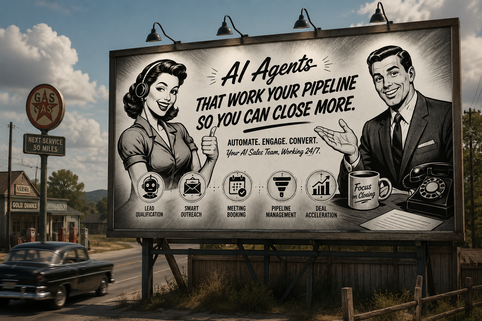 Retro billboard on a country highway — AI Agents That Work Your Pipeline So You Can Close More