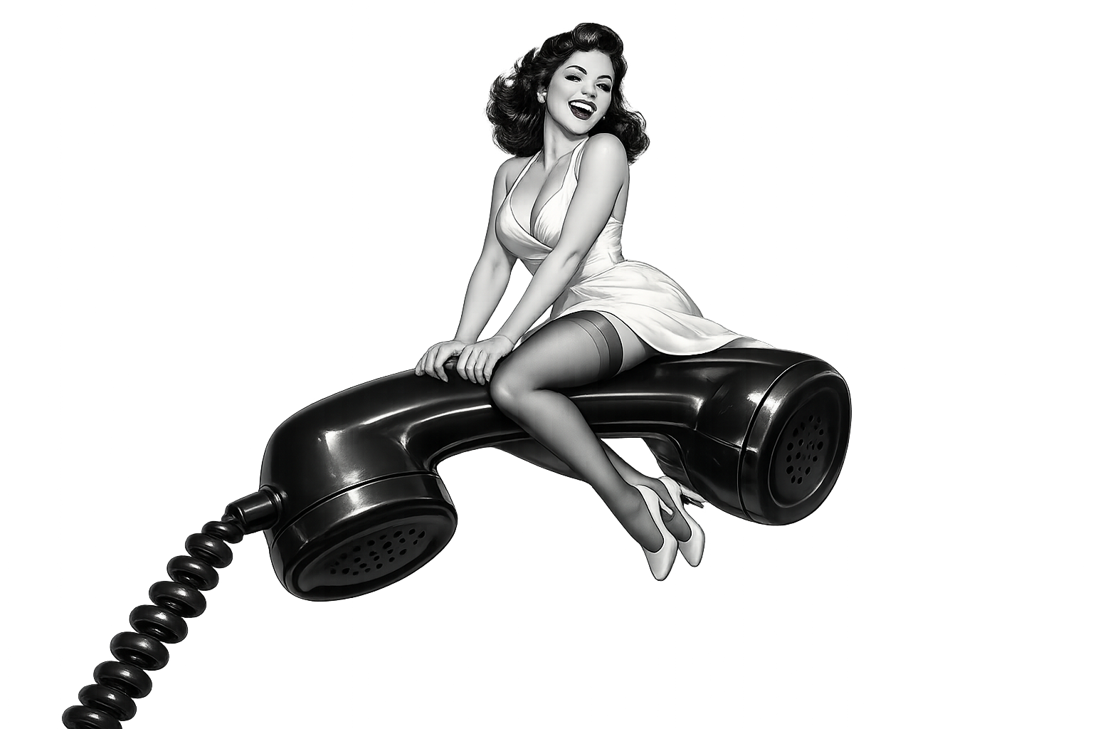 Retro pin-up girl sitting on a telephone handset