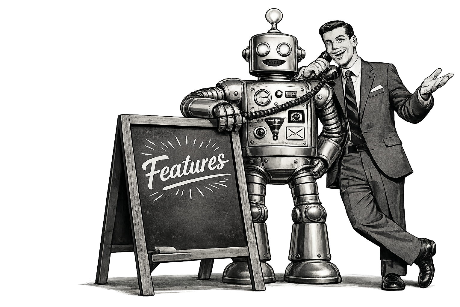 Retro robot and salesman next to a Features chalkboard
