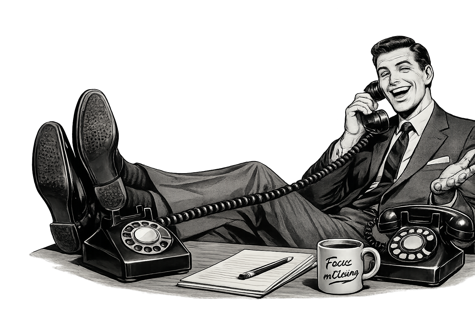 Retro salesman closing a deal on the phone — Focus on Closing
